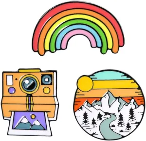 3Pcs Rainbow Brooches Landscape Camera Enamel Lapel Pins Outdoors Camping Travel Camp Lapel Pins Cartoon Brooches Badges Fashion Gifts for DIY Backpacks Hats Cowboy Jackets Jewelry Gifts