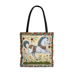 Folk Art White Horse Tote Bag - Cute Cottagecore Totebag Makes the Perfect Gift