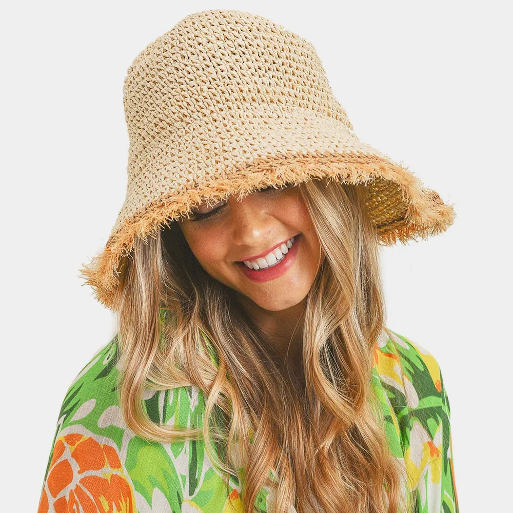 iLLASPARKZ Handmade Frayed Crochet Foldable Straw Bucket Hat
