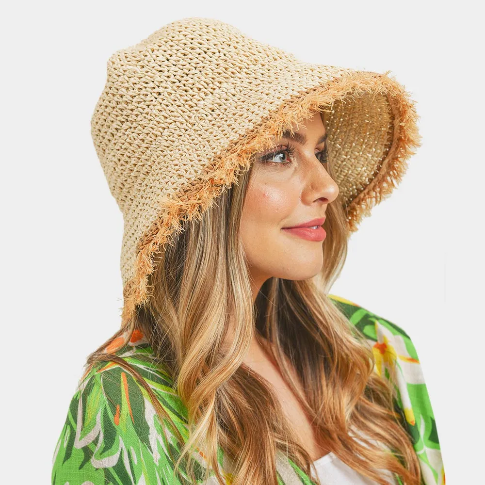 iLLASPARKZ Handmade Frayed Crochet Foldable Straw Bucket Hat