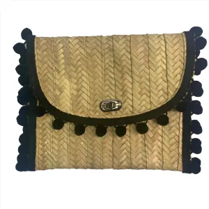 Penelope Black Pom Pom Trim Straw Clutch