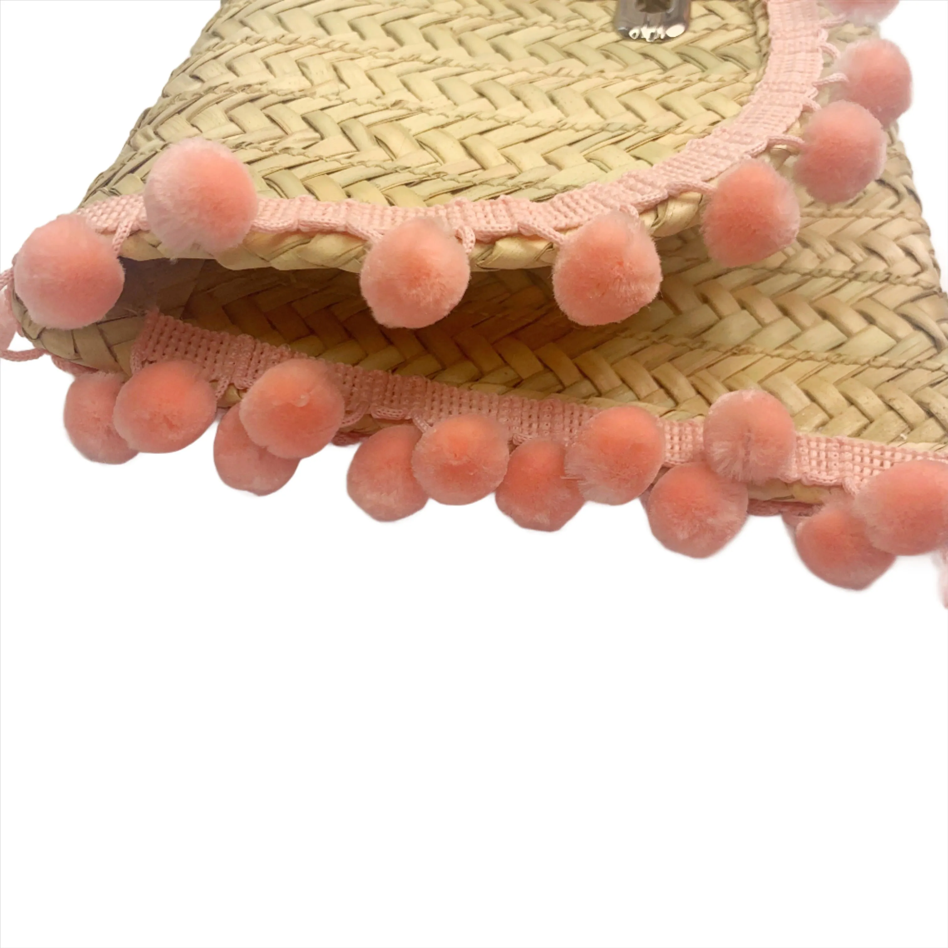 Penelope Pink Pom Pom Trim Straw Clutch