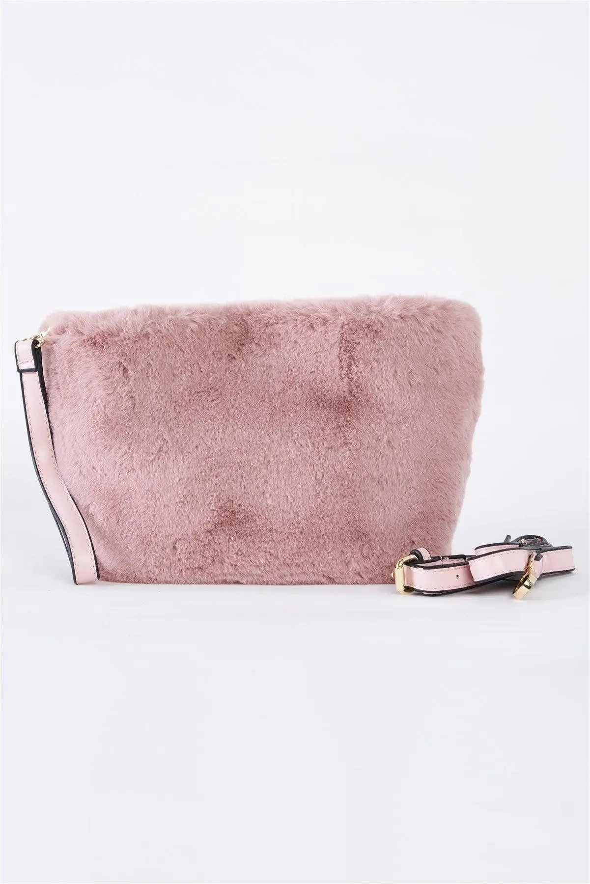 Pink Faux Fur Hidden Magnetic Snap Button Closure Crossbody Bag / Clutch With Hidden Hand Strap Loop / 1 Bag