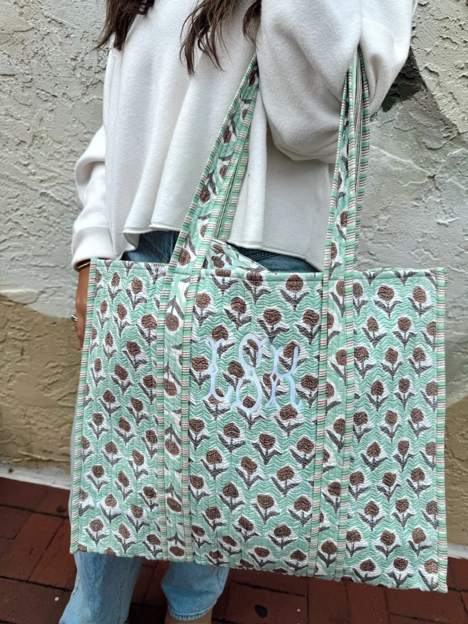 Quilted Block-Print Tote Bag