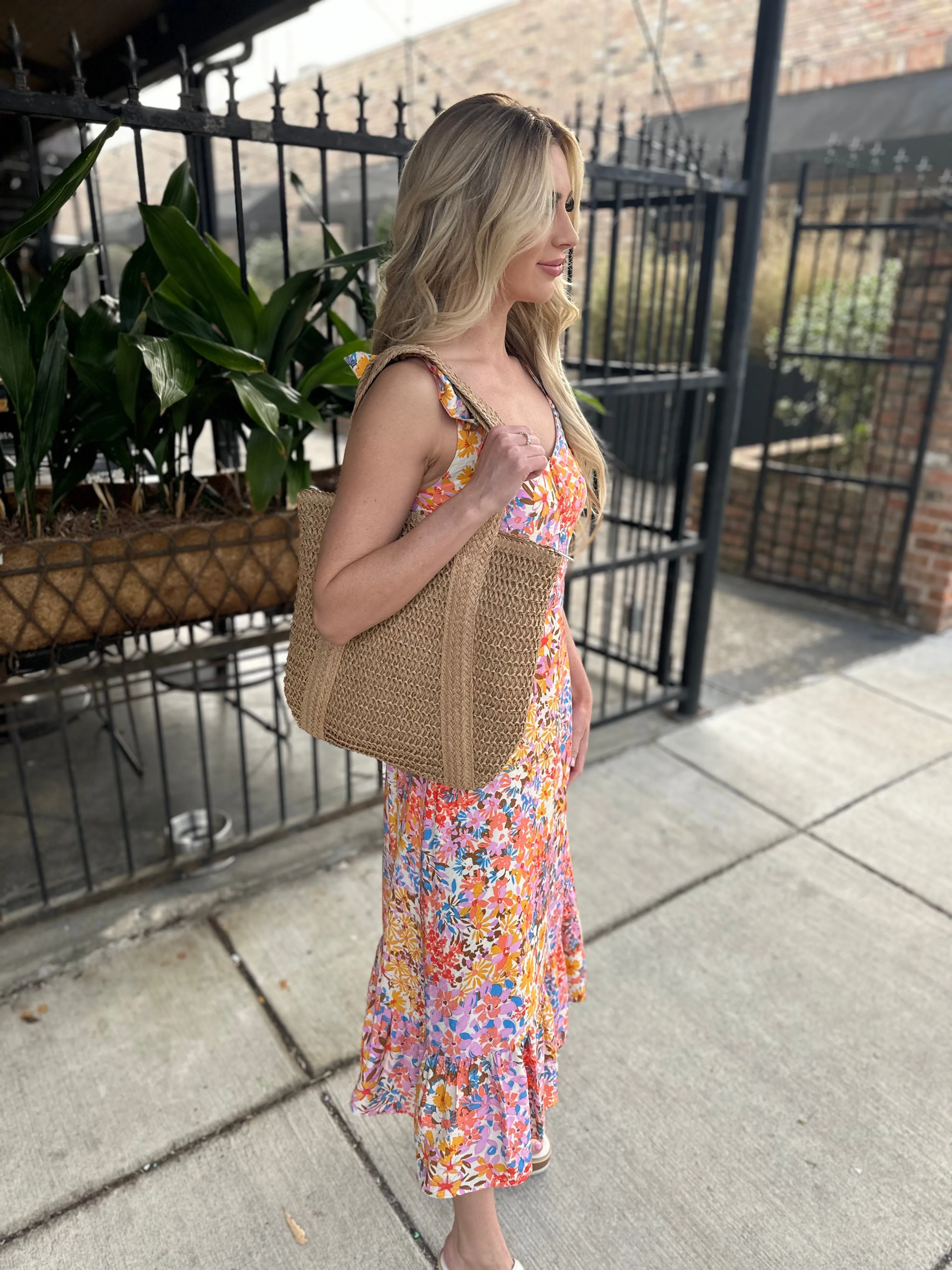 Sri Lanka Straw Zipper Tote Bag- Khaki