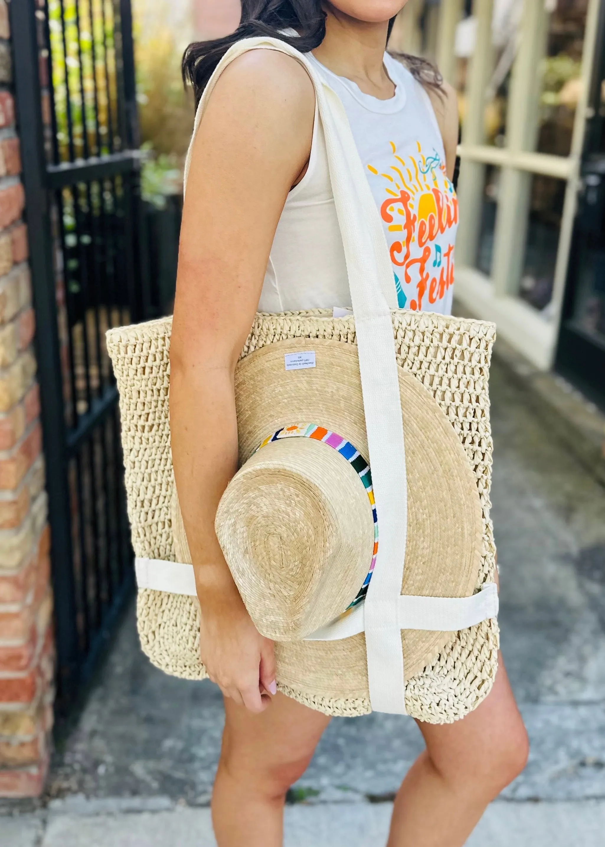 St. Lucia Straw Hat Holder Tote Bag- Taupe