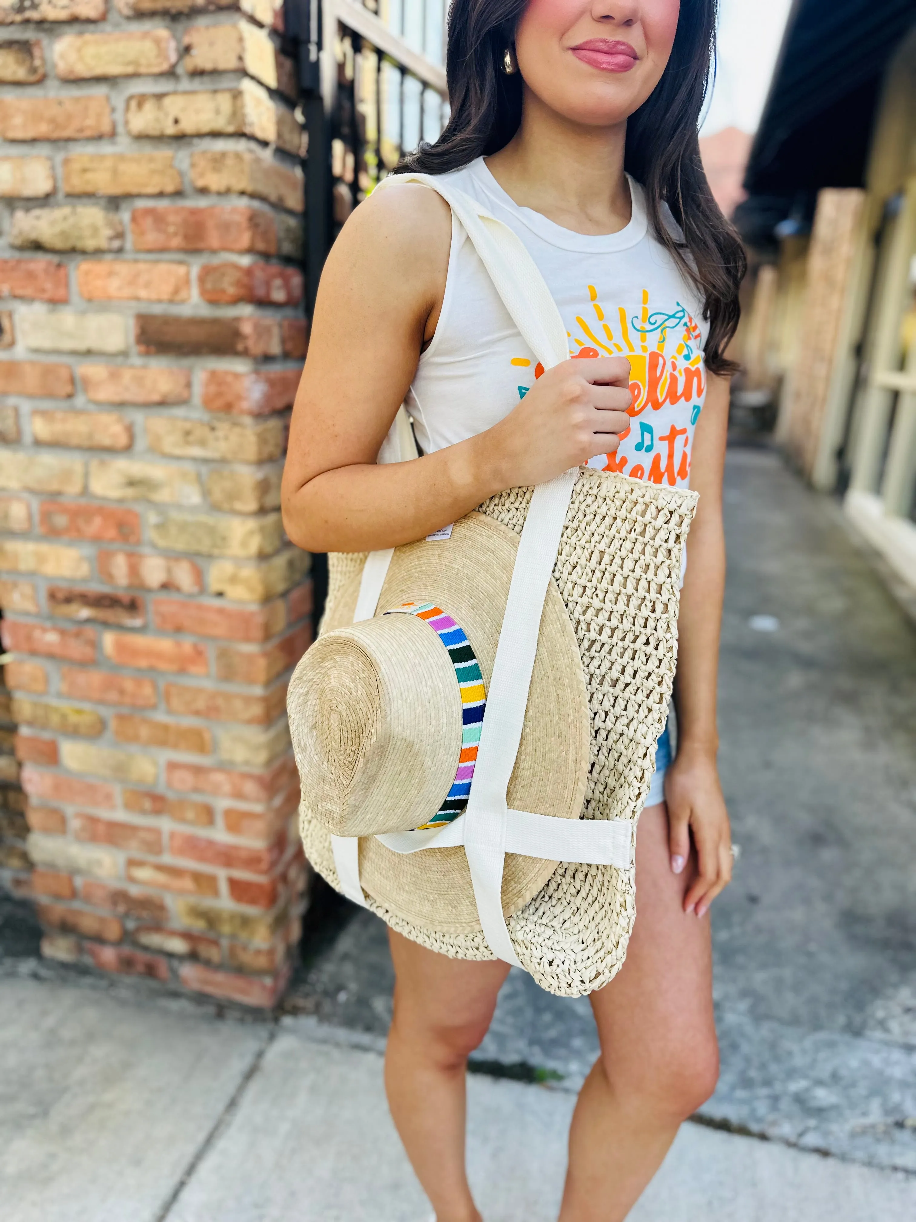 St. Lucia Straw Hat Holder Tote Bag- Taupe