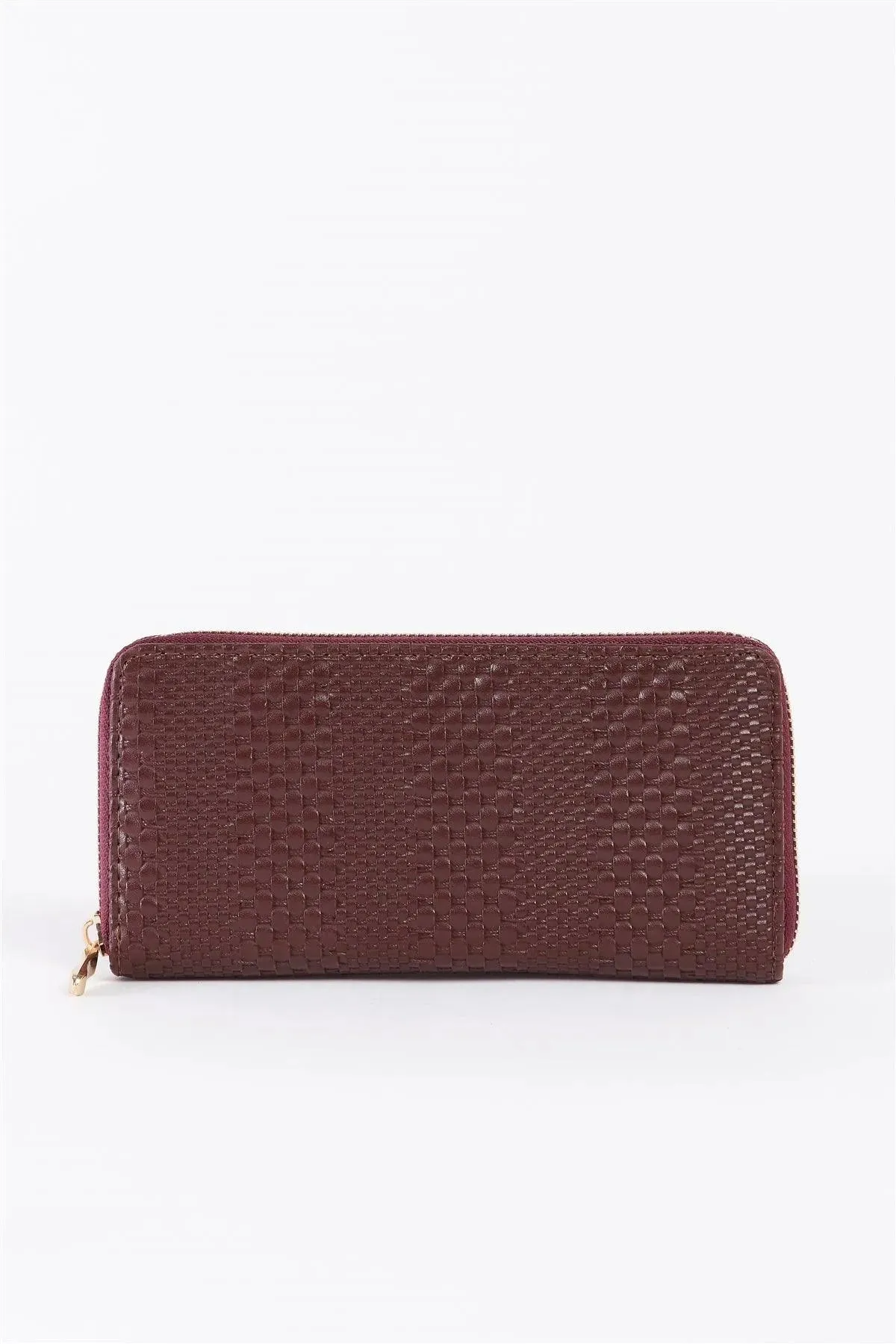 Taupe Mahogany Woven Texture Vegan Leather Zipper Wallet /3 Piece