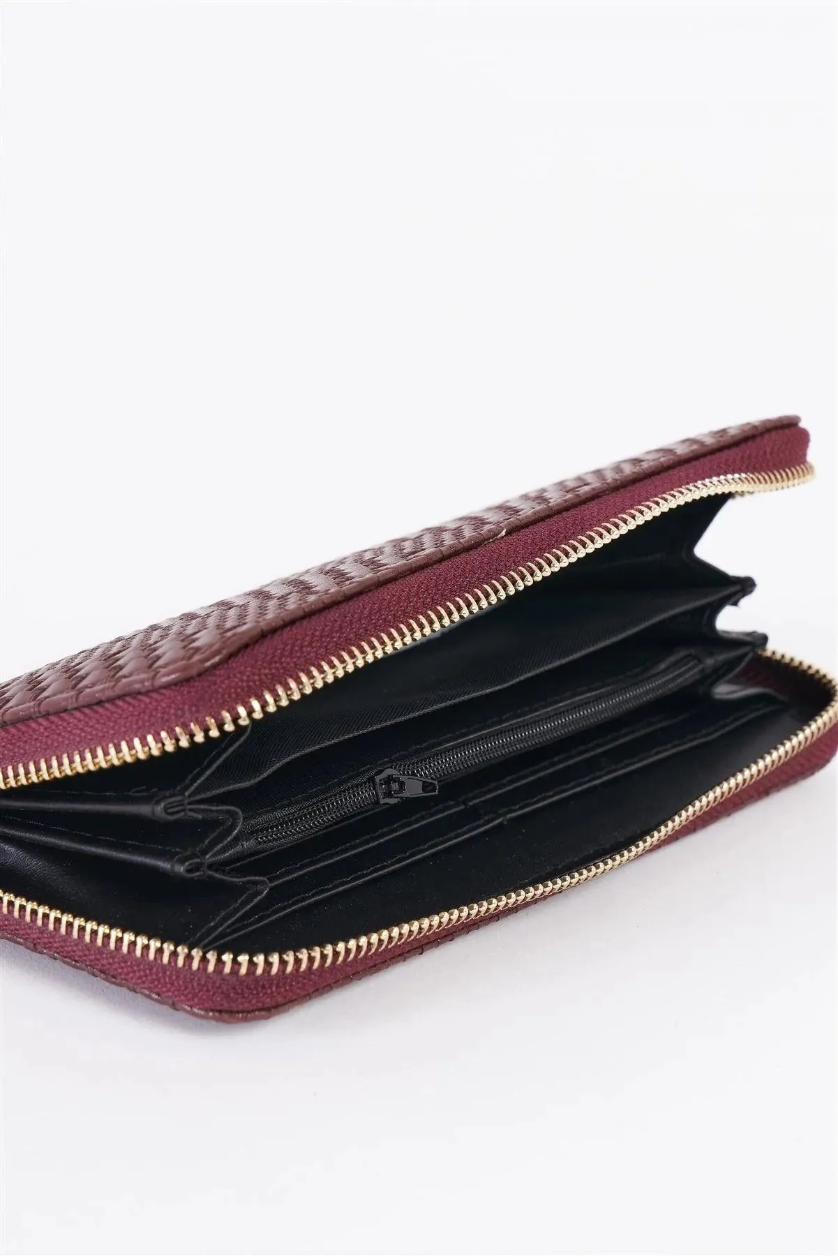 Taupe Mahogany Woven Texture Vegan Leather Zipper Wallet /3 Piece